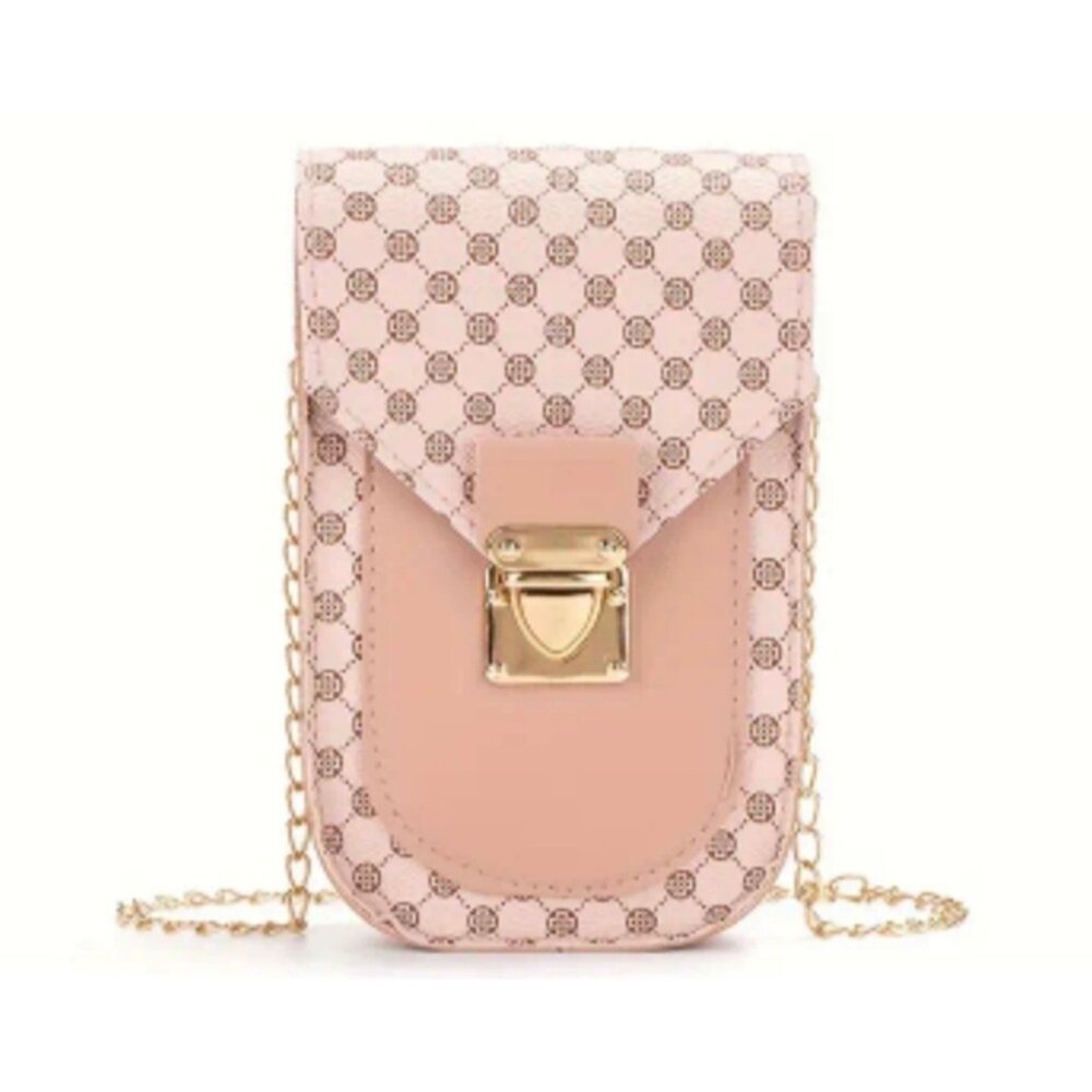 Pink Elegant Chain Crossbody Phone Bag With Secure Closure & Patterned Design